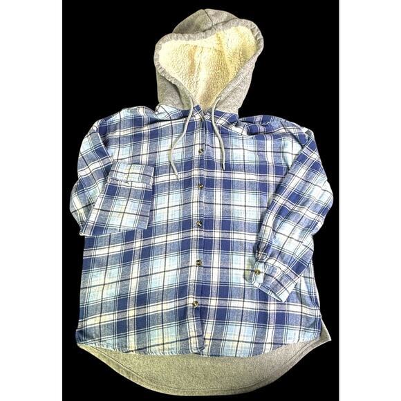Flannel Faux Fur Hoodie Women Blue Plaid Button Up Long Sleeve Size XL (15-17) - Picture 6 of 10
